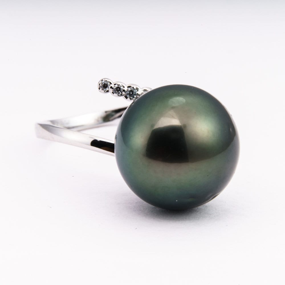 14mm tahitian pearl ring, 925 sterling silver, rhodium finish, cubic zirconia, size 7.5 US
