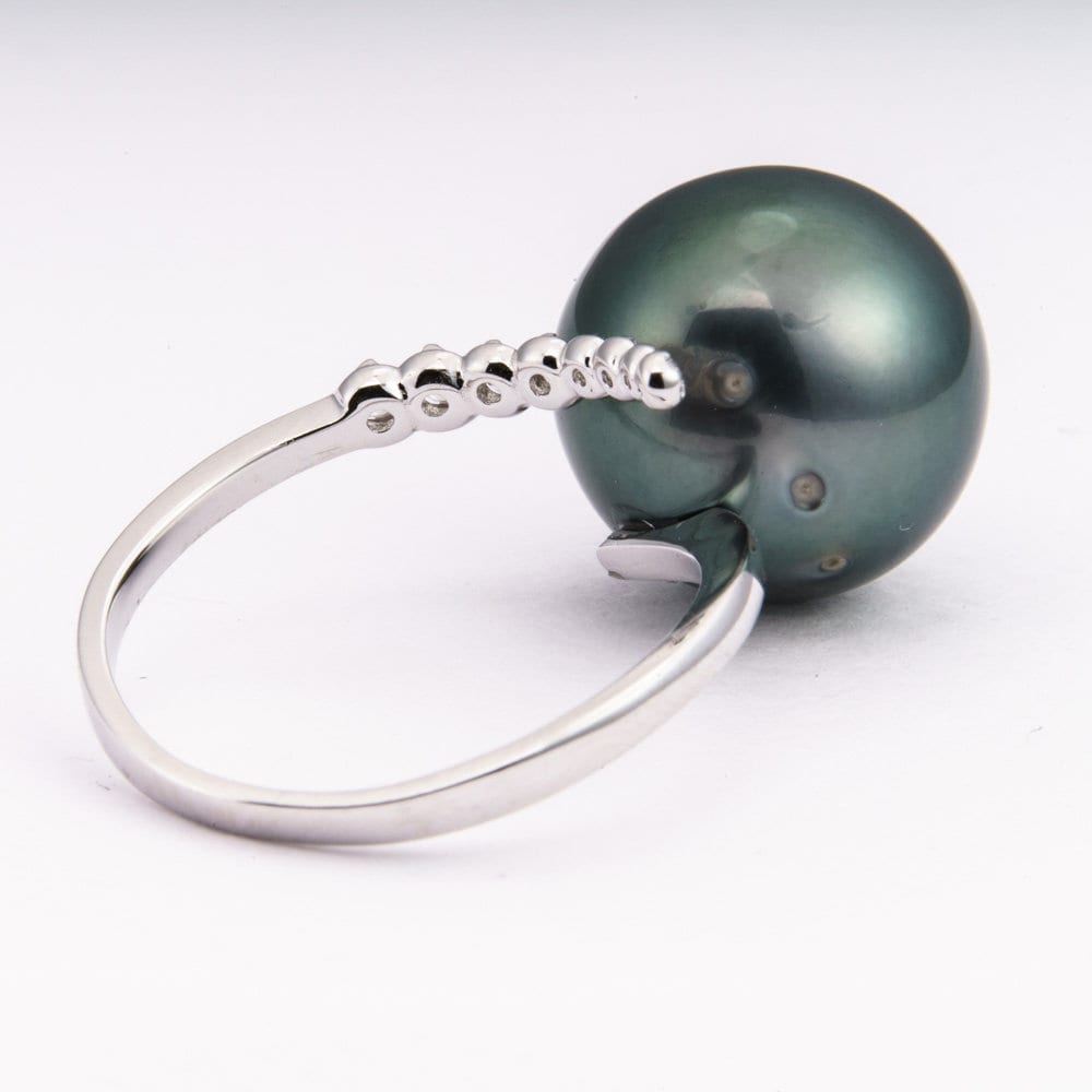 14mm tahitian pearl ring, 925 sterling silver, rhodium finish, cubic zirconia, size 7.5 US