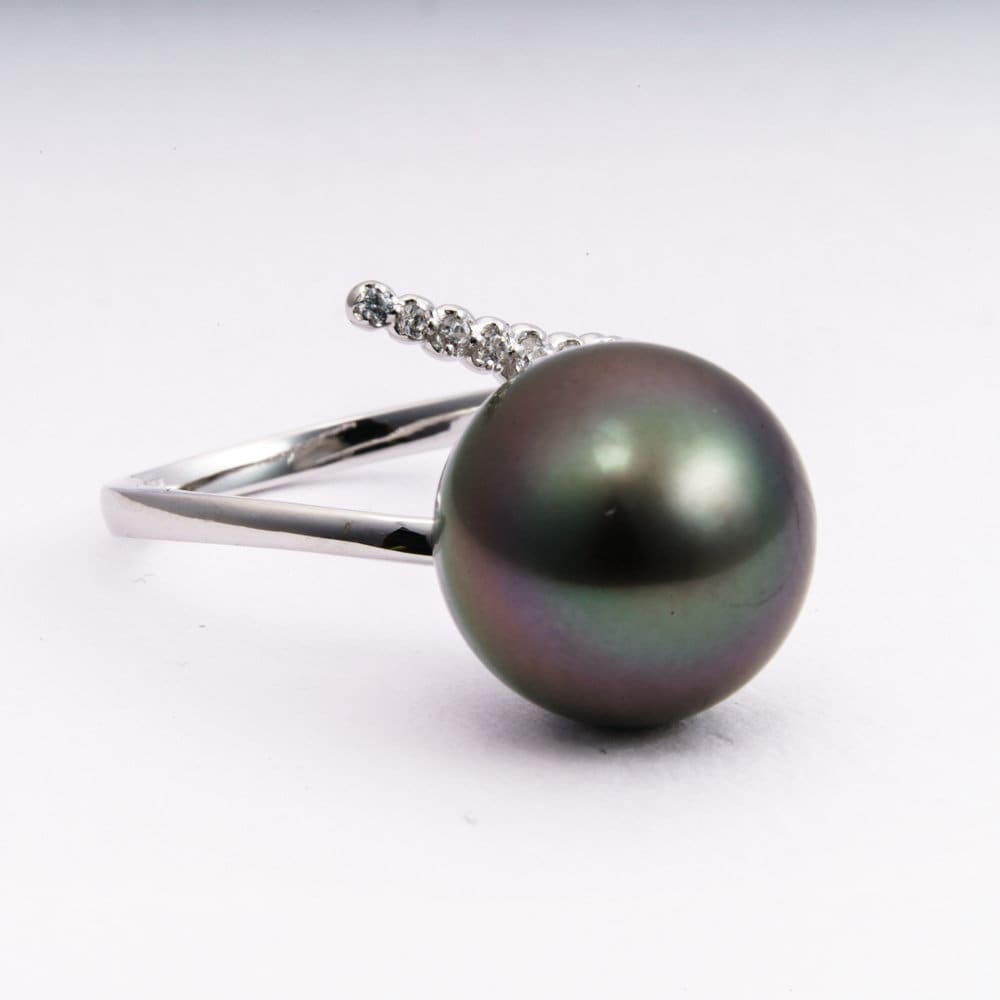 13mm tahitian pearl ring, size 7.5 us, 925 sterling silver with cubic zirconia