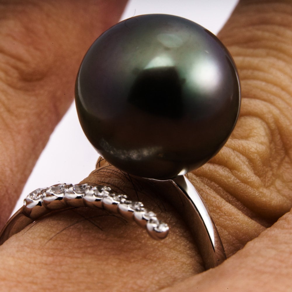 13mm tahitian pearl ring, size 7.5 us, 925 sterling silver with cubic zirconia