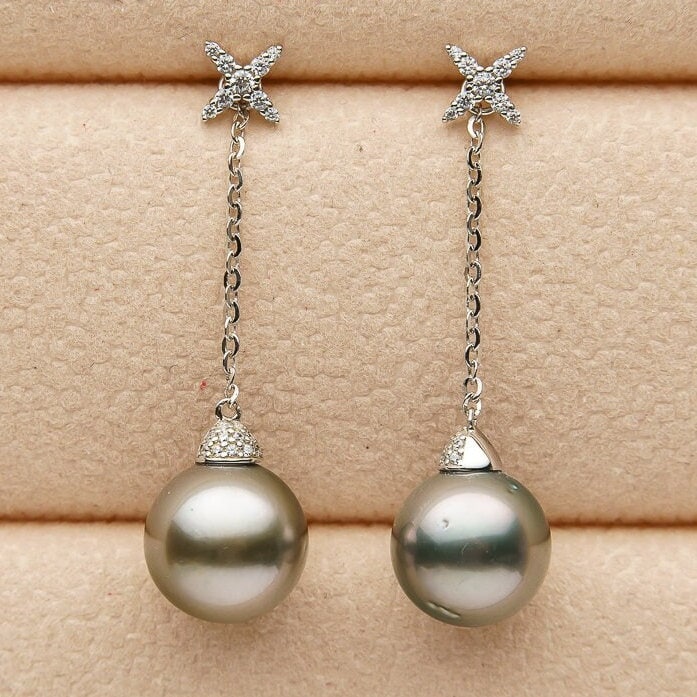 Tahitian pearl earrings 10mm, 925 sterling silver with rhodium finish and cubic zirconia