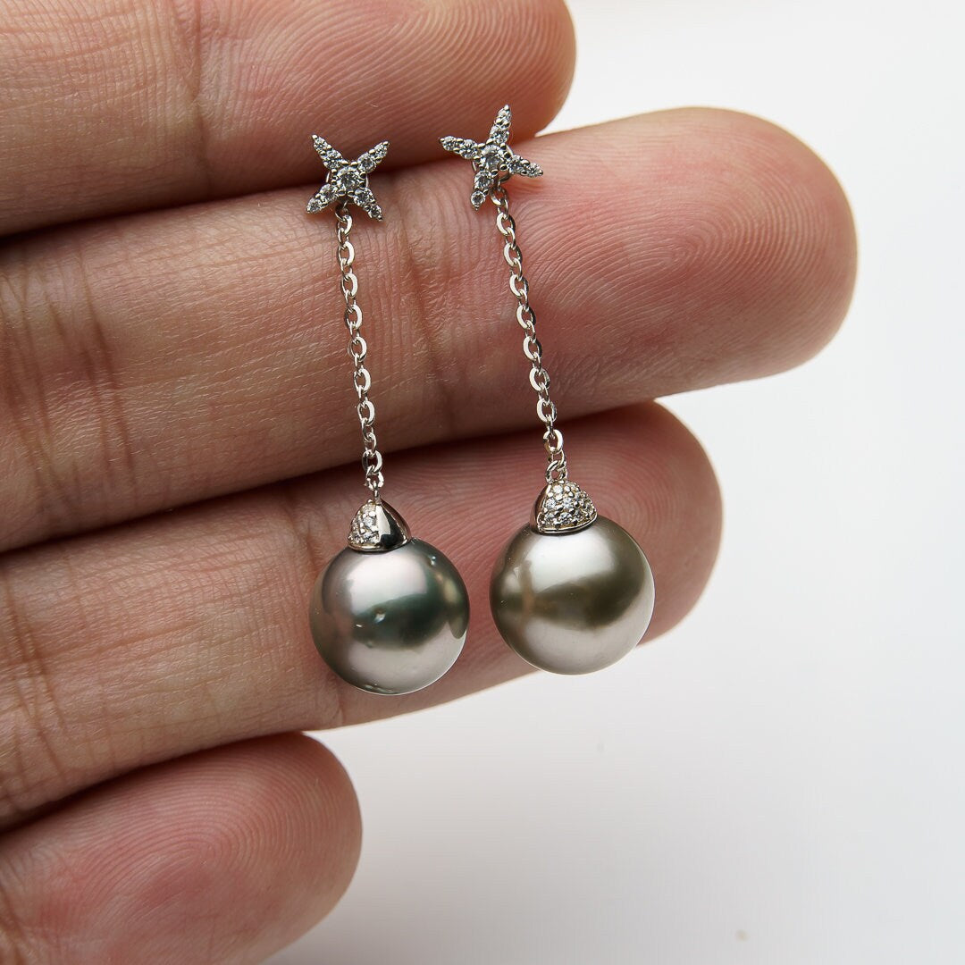 Tahitian pearl earrings 10mm, 925 sterling silver with rhodium finish and cubic zirconia
