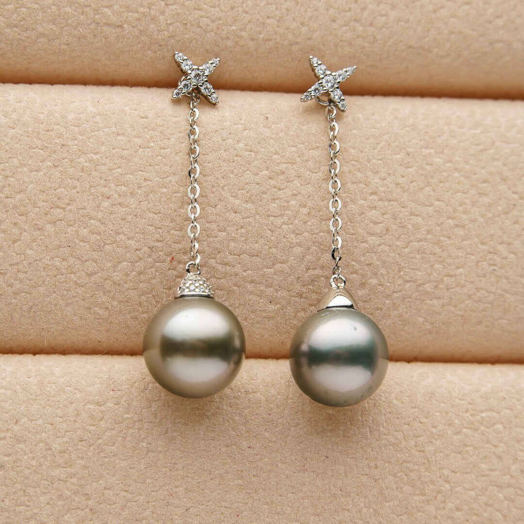 Tahitian pearl earrings 10mm, 925 sterling silver with rhodium finish and cubic zirconia