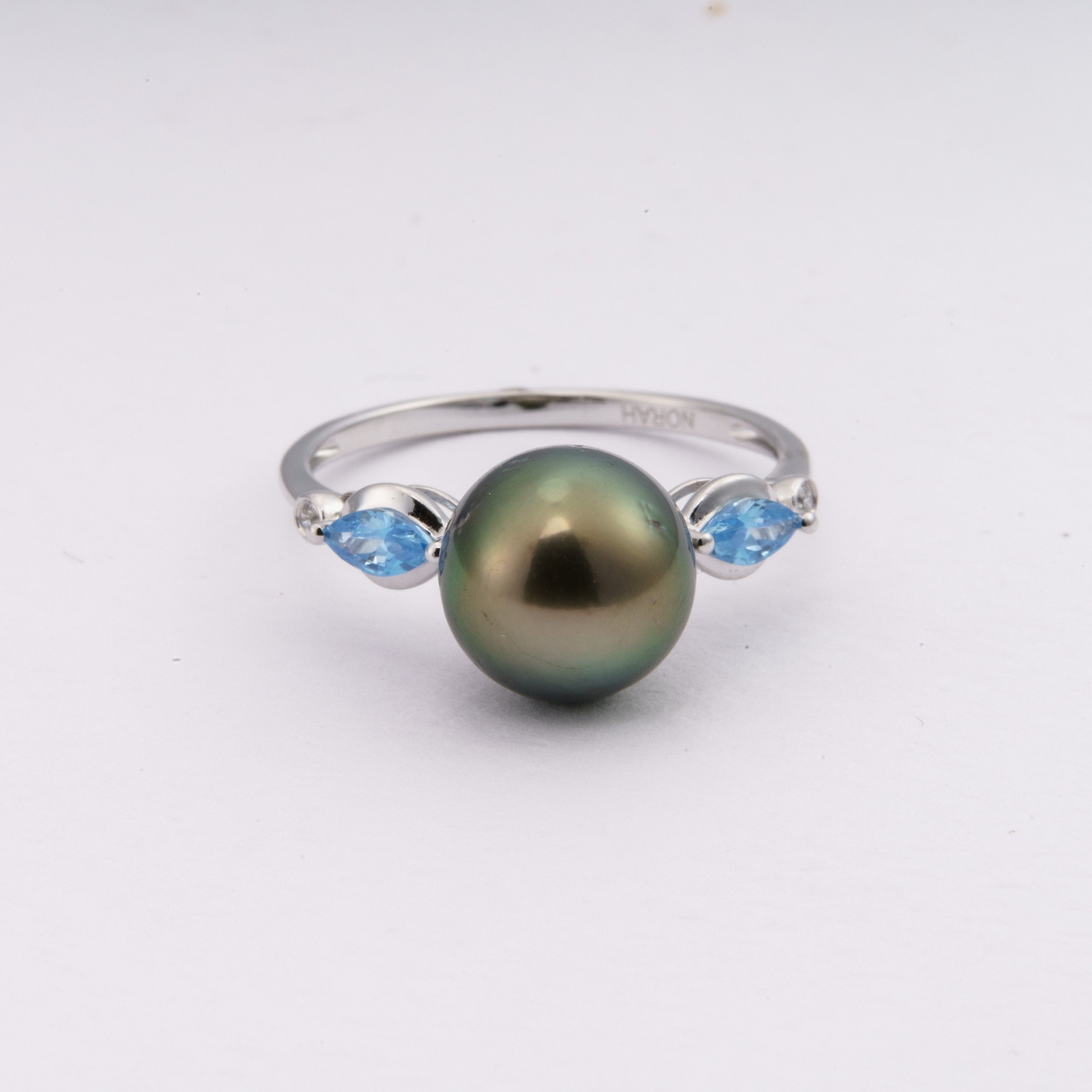 9.5mm tahitian pearl ring size 7.5us 925 sterling silver sea blue cubic zircon