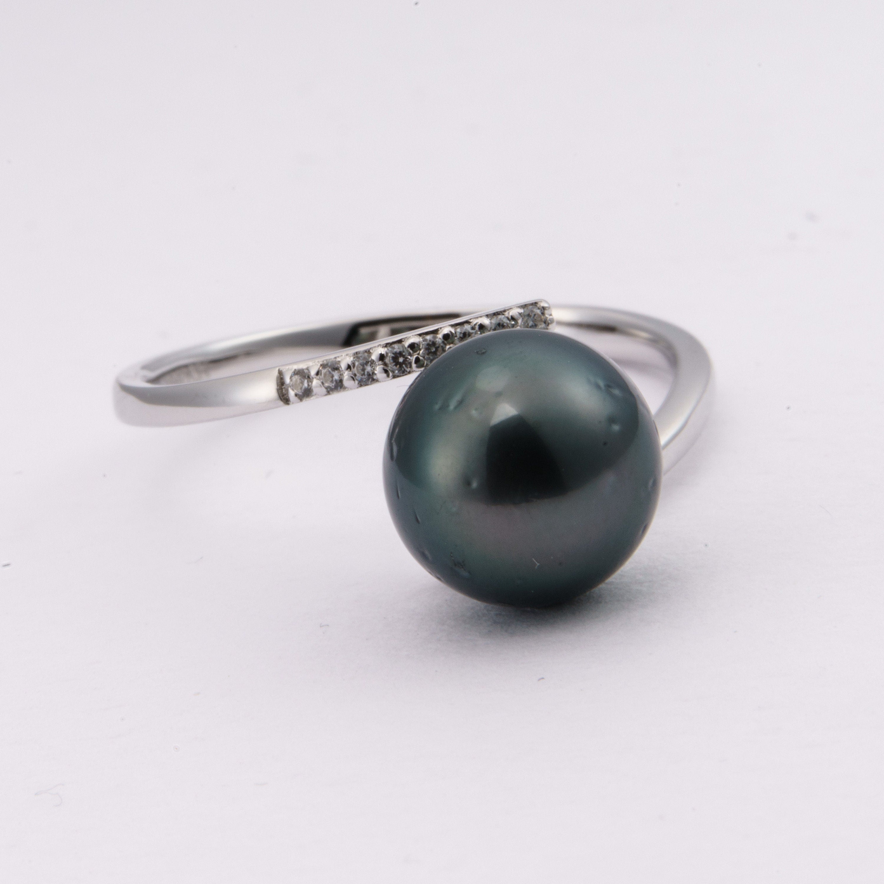 9mm tahitian pearl ring, 925 sterling silver, rhodium finish, cubic zirconia