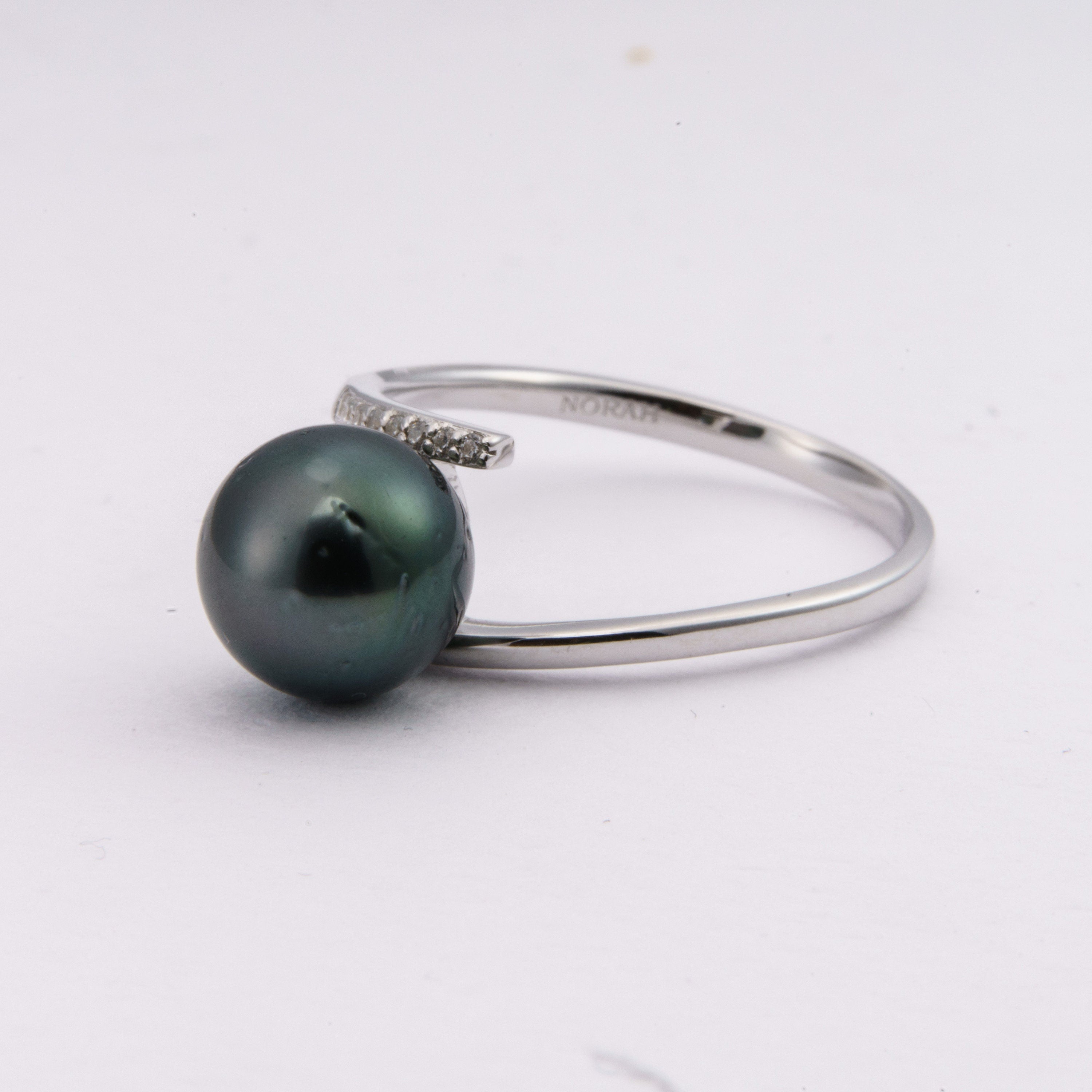 9mm tahitian pearl ring, 925 sterling silver, rhodium finish, cubic zirconia