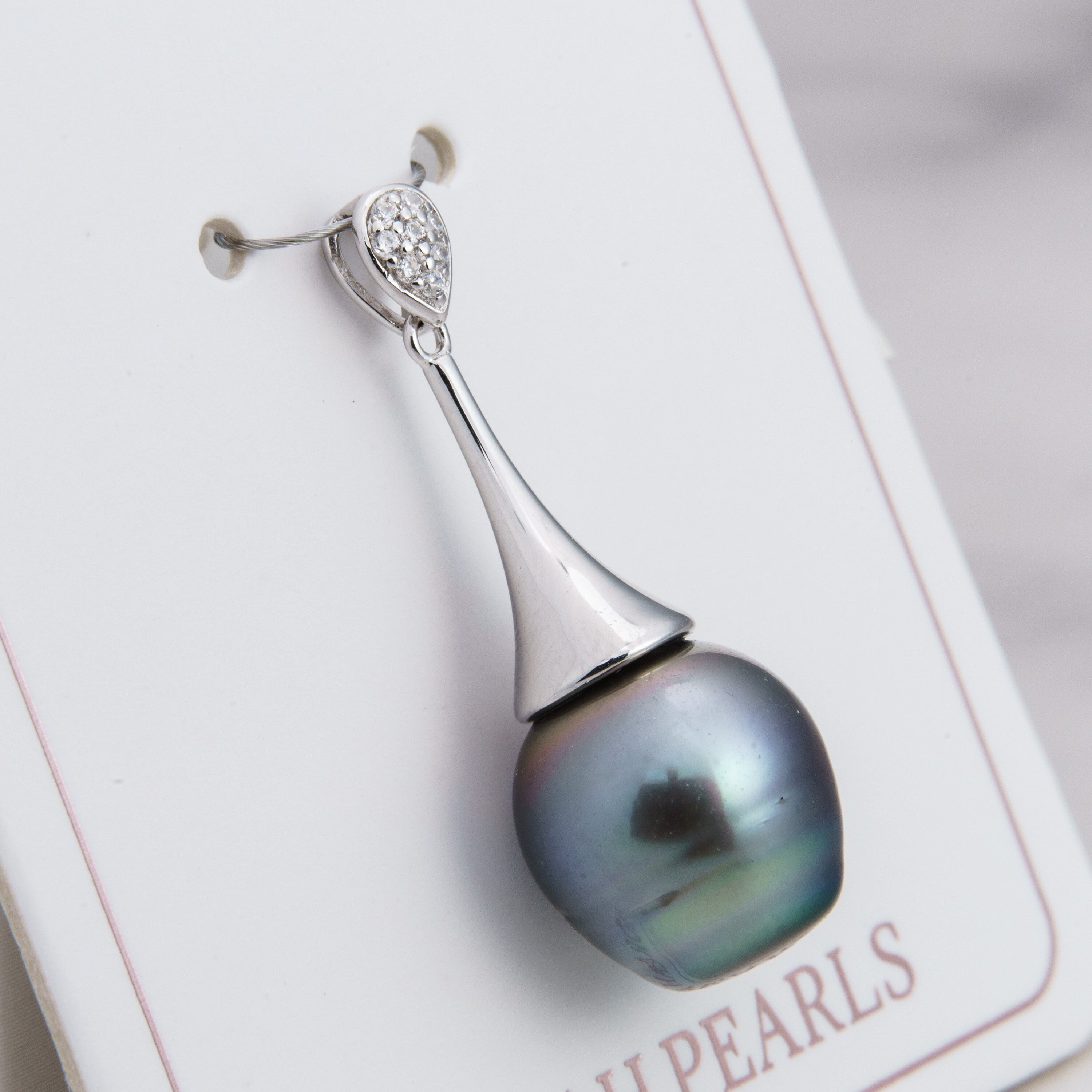 11mm tahitian pearl pendant, 925 sterling silver, rhodium finish, cubic zirconia