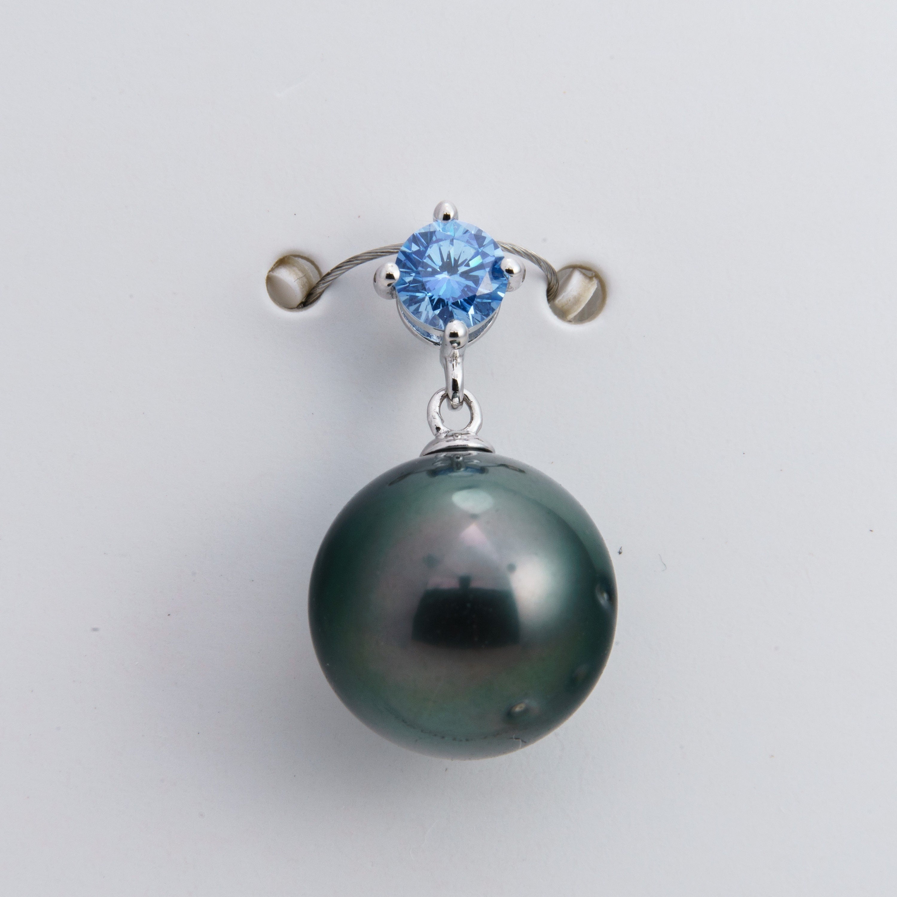 12mm Tahitian Pearl Pendant, 925 Sterling Silver, Rhodium Finish, Cubic Zirconia