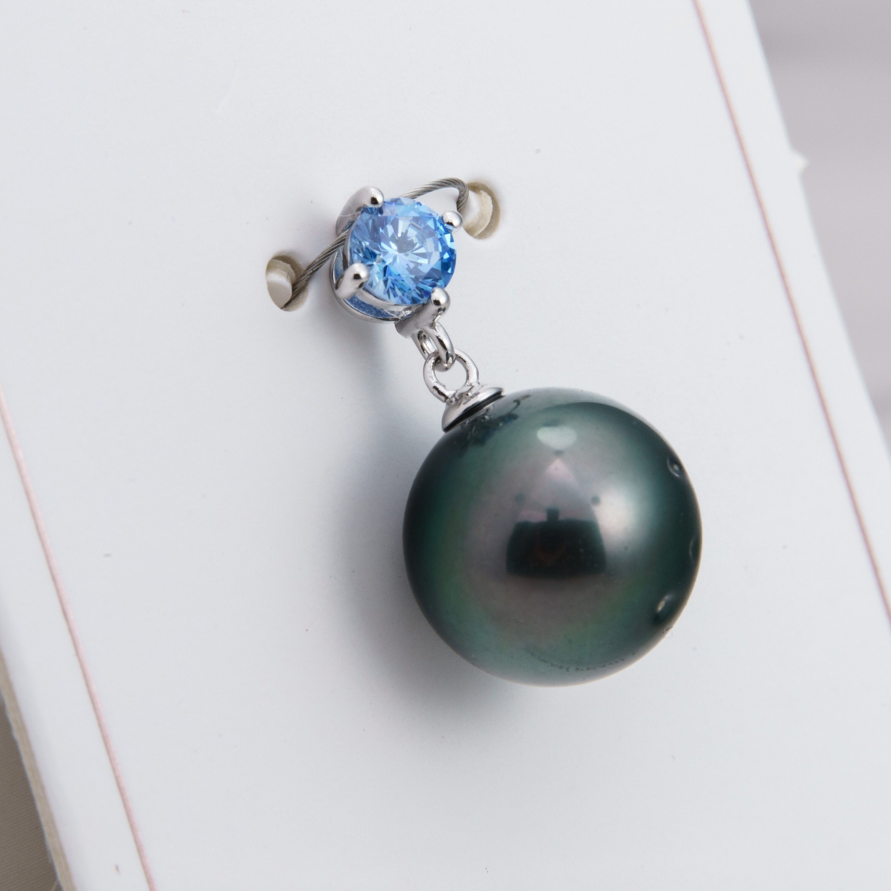 12mm Tahitian Pearl Pendant, 925 Sterling Silver, Rhodium Finish, Cubic Zirconia