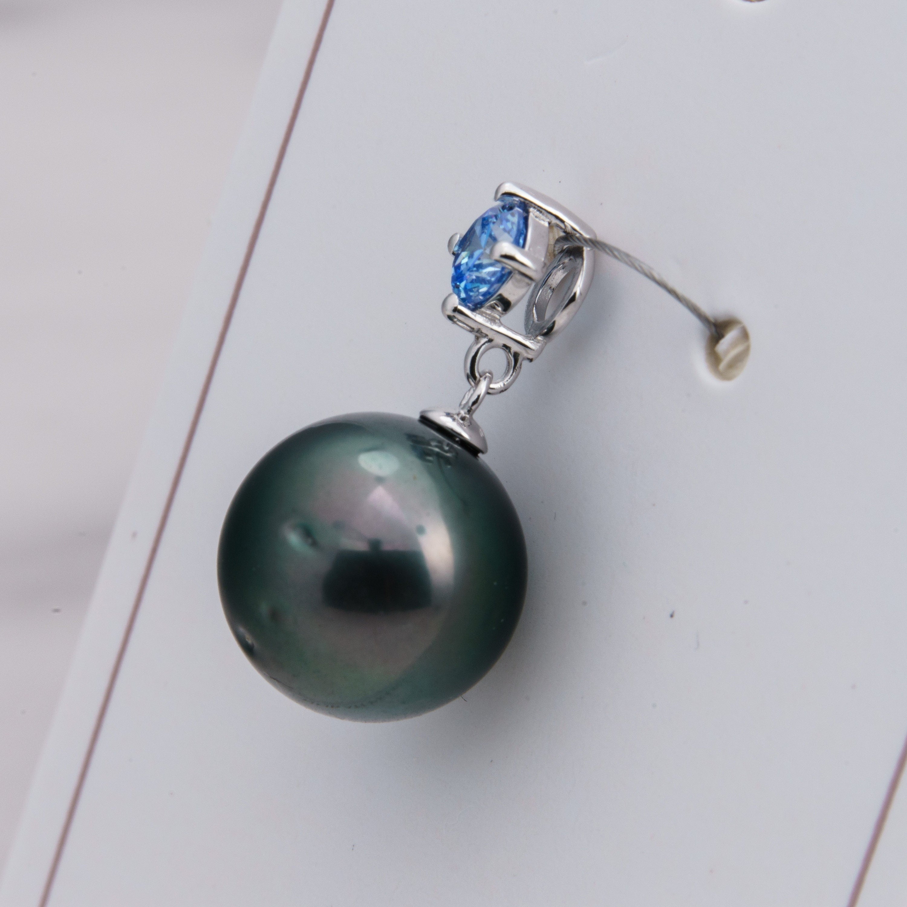 12mm Tahitian Pearl Pendant, 925 Sterling Silver, Rhodium Finish, Cubic Zirconia