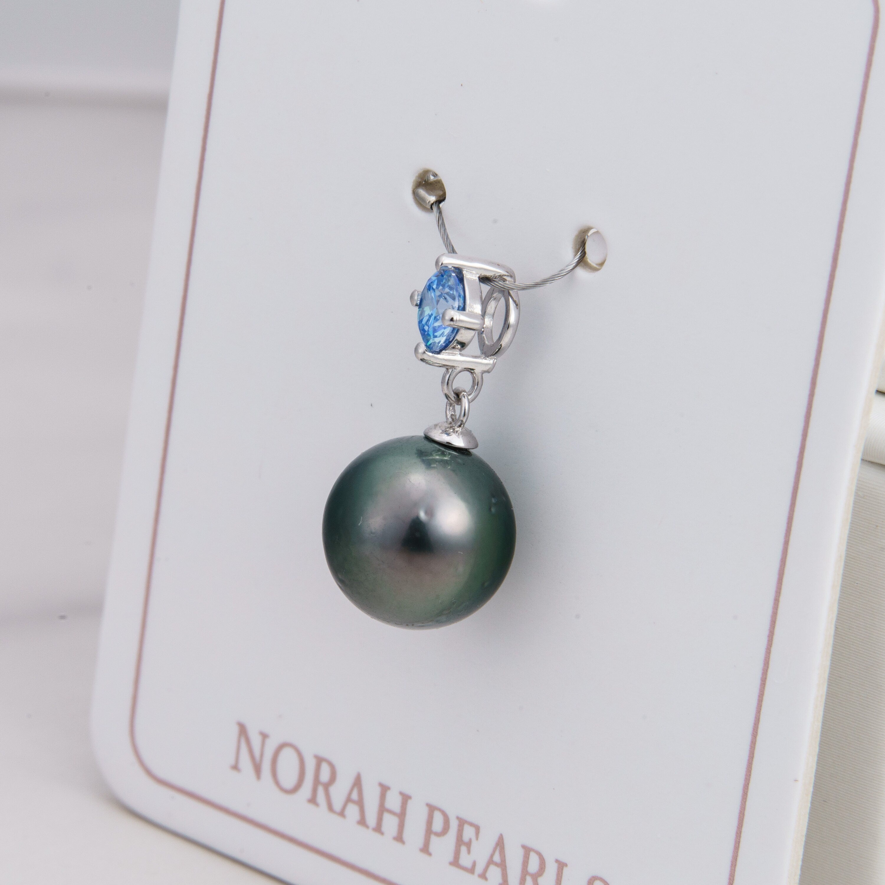 10mm tahitian pearl pendant, 925 sterling silver, rhodium finish, cubic zirconia
