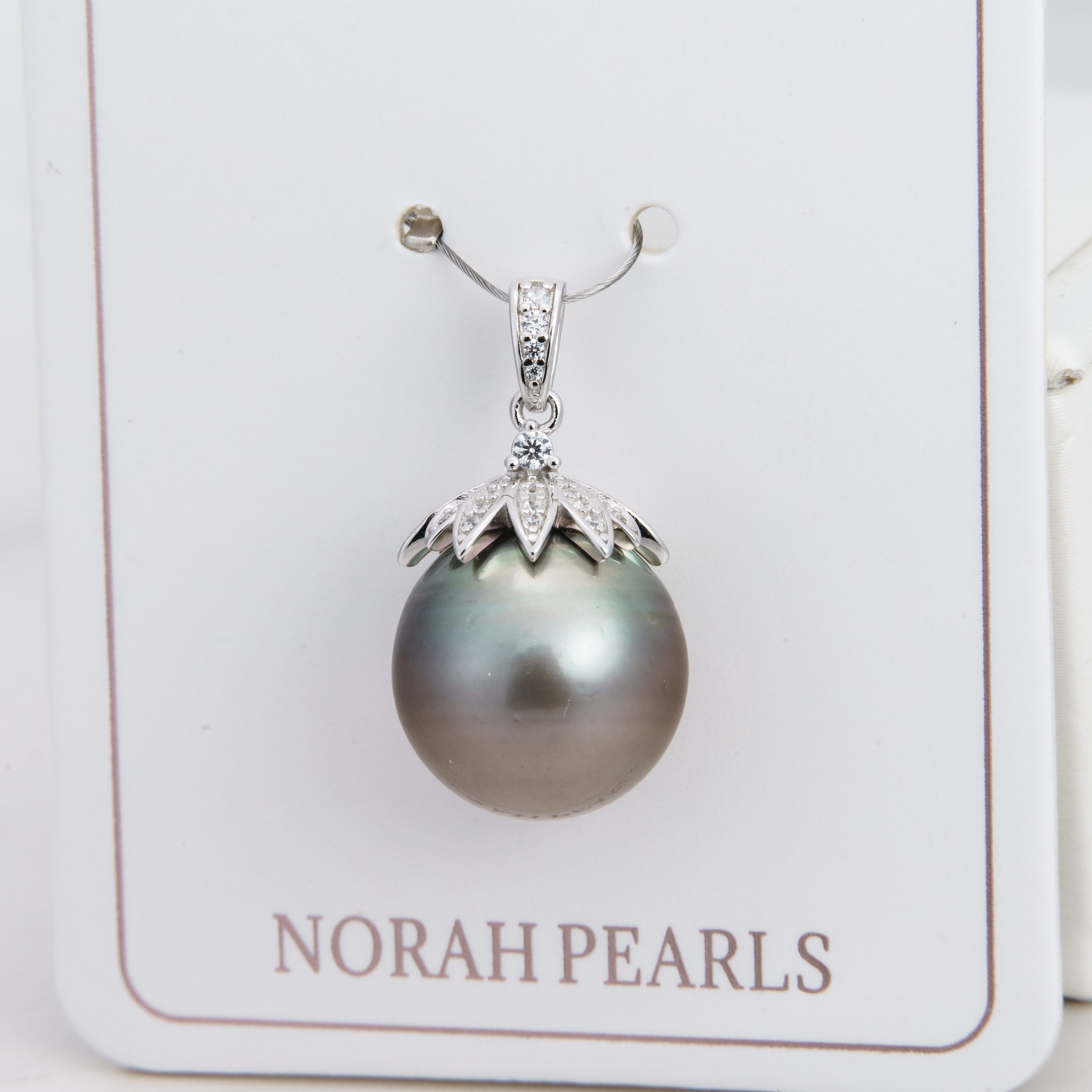 13mm tahitian pearl pendant, 925 sterling silver, rhodium finish, cubic zirconia