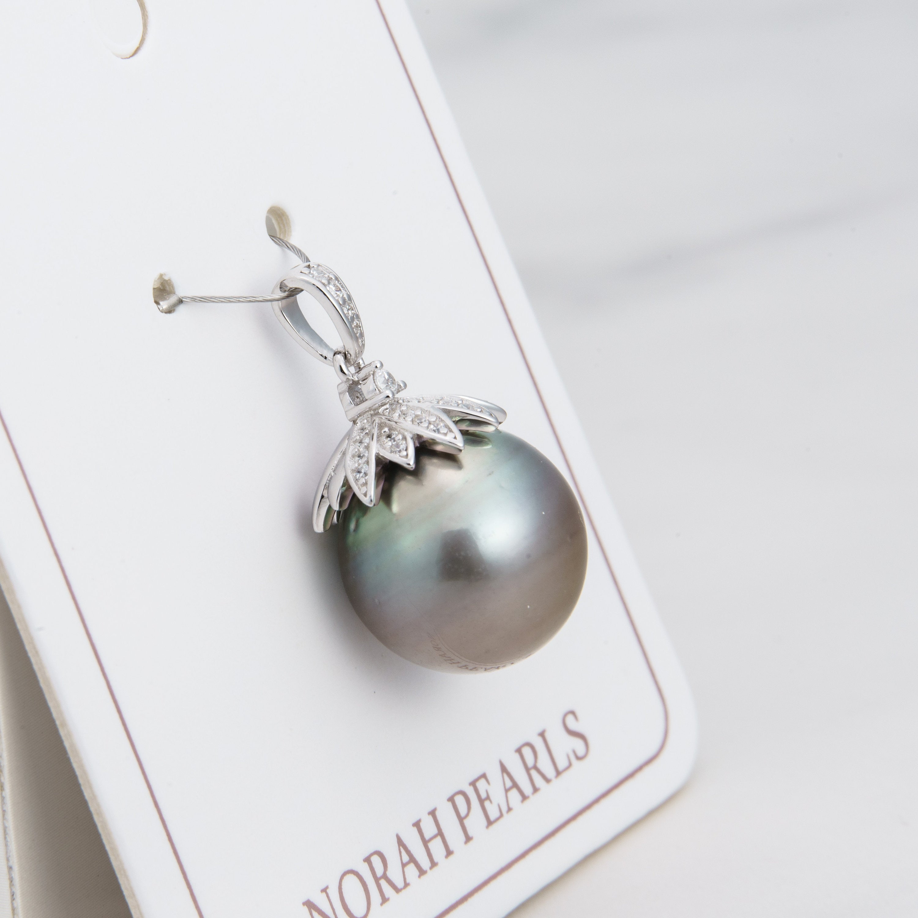 13mm tahitian pearl pendant, 925 sterling silver, rhodium finish, cubic zirconia