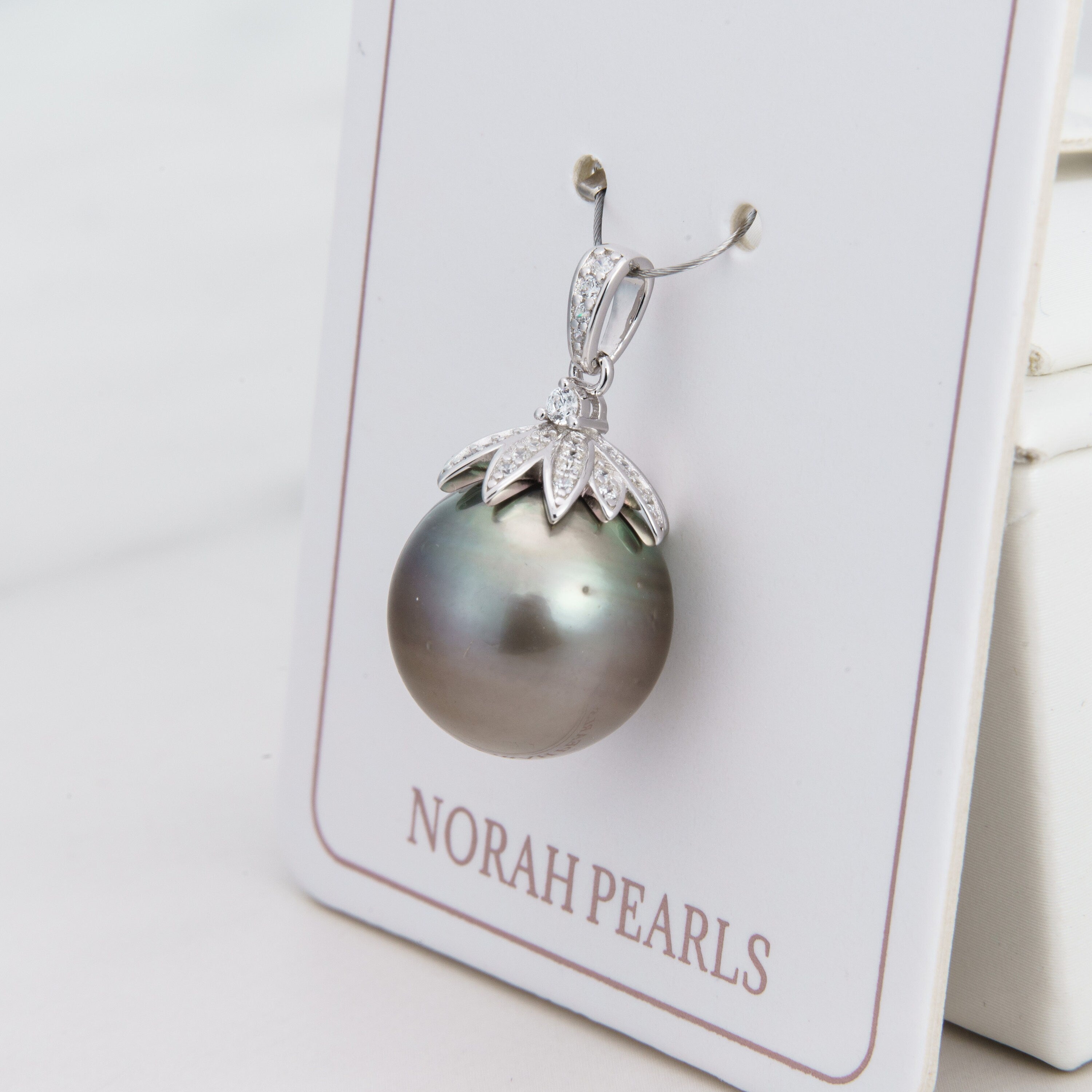 13mm tahitian pearl pendant, 925 sterling silver, rhodium finish, cubic zirconia
