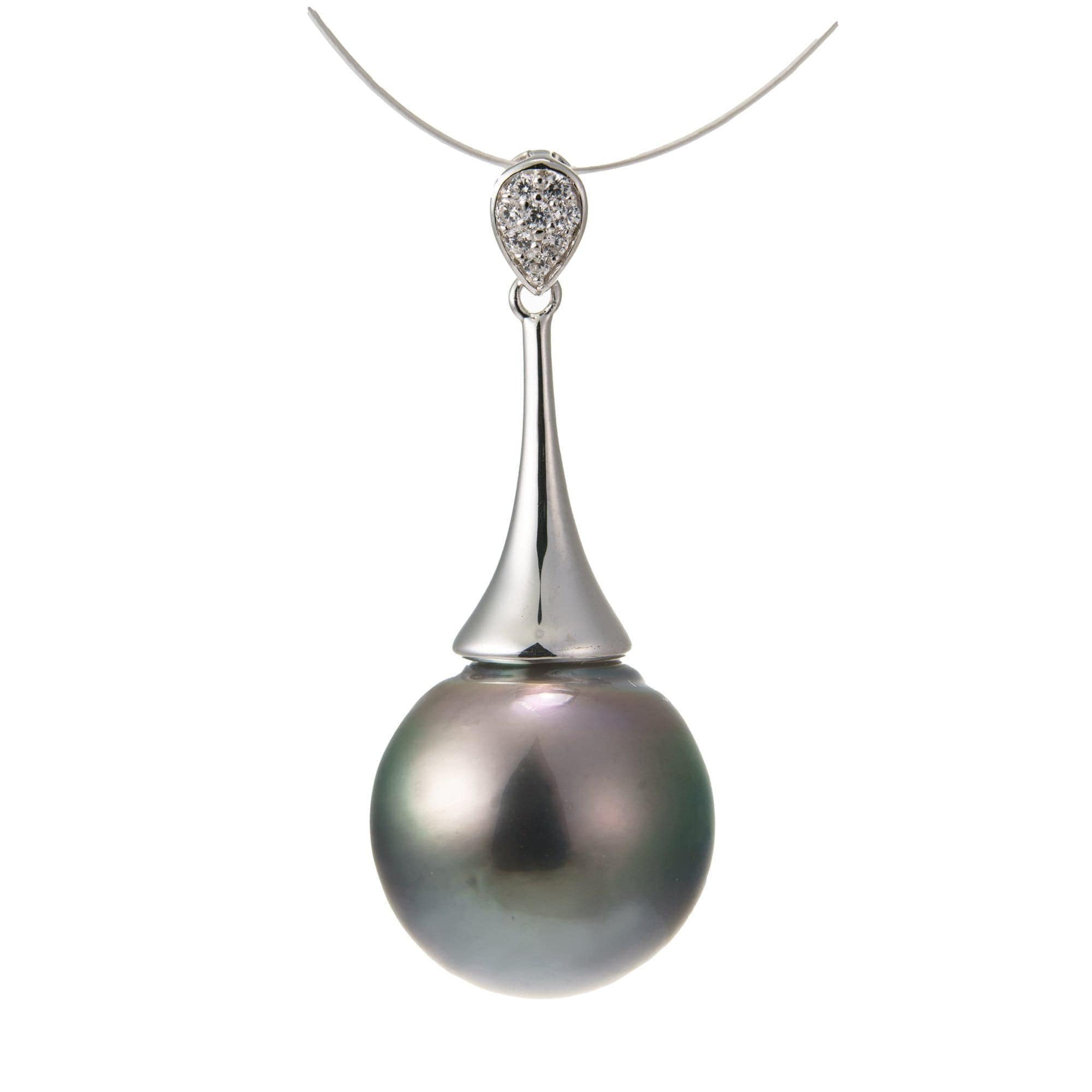 13mm tahitian pearl pendant, 925 sterling silver, rhodium finish, cubic zirconia