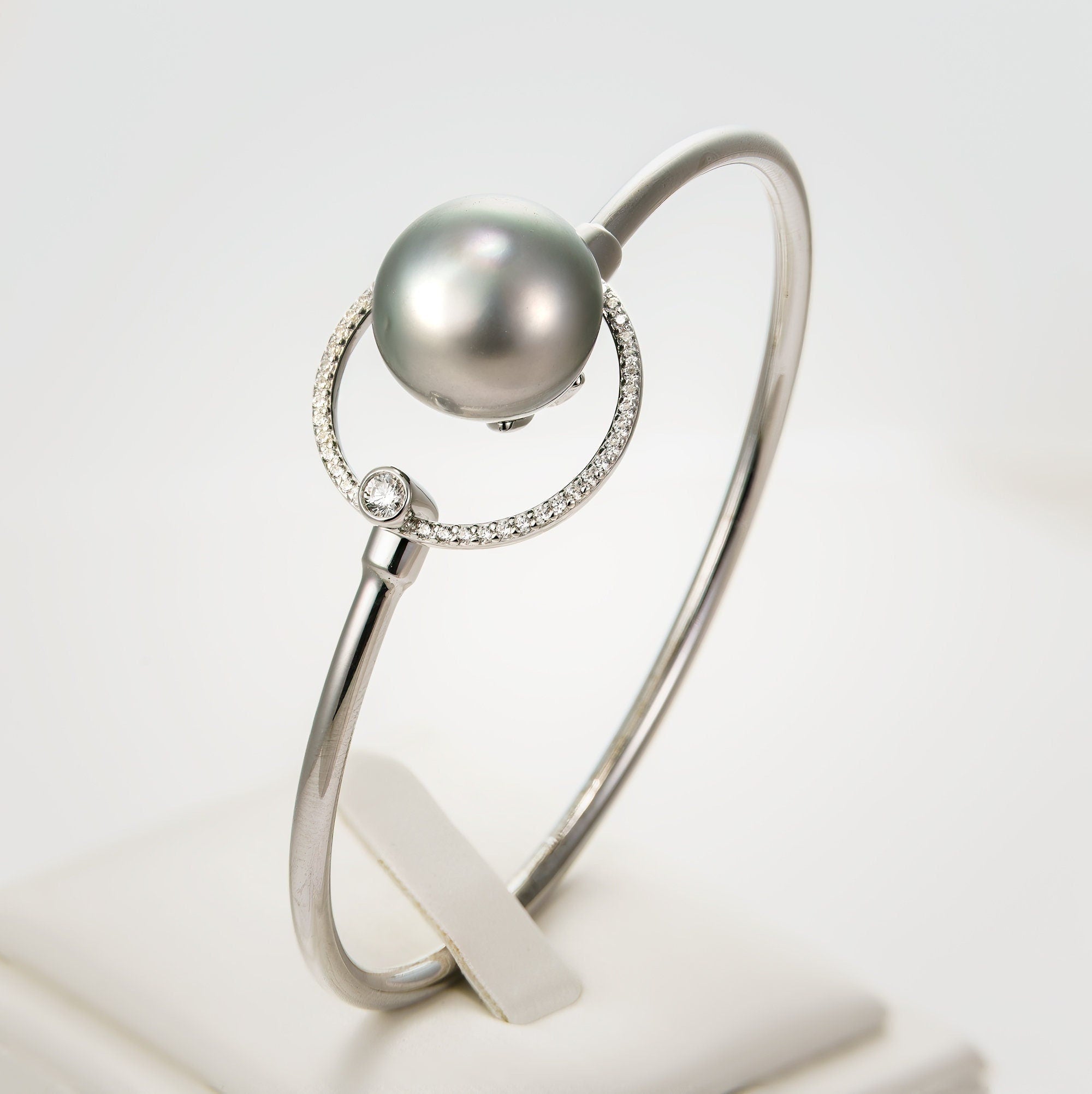 13mm tahitian pearl bangle bracelet 925 sterling silver cubic zircon 57mm rhodium plating