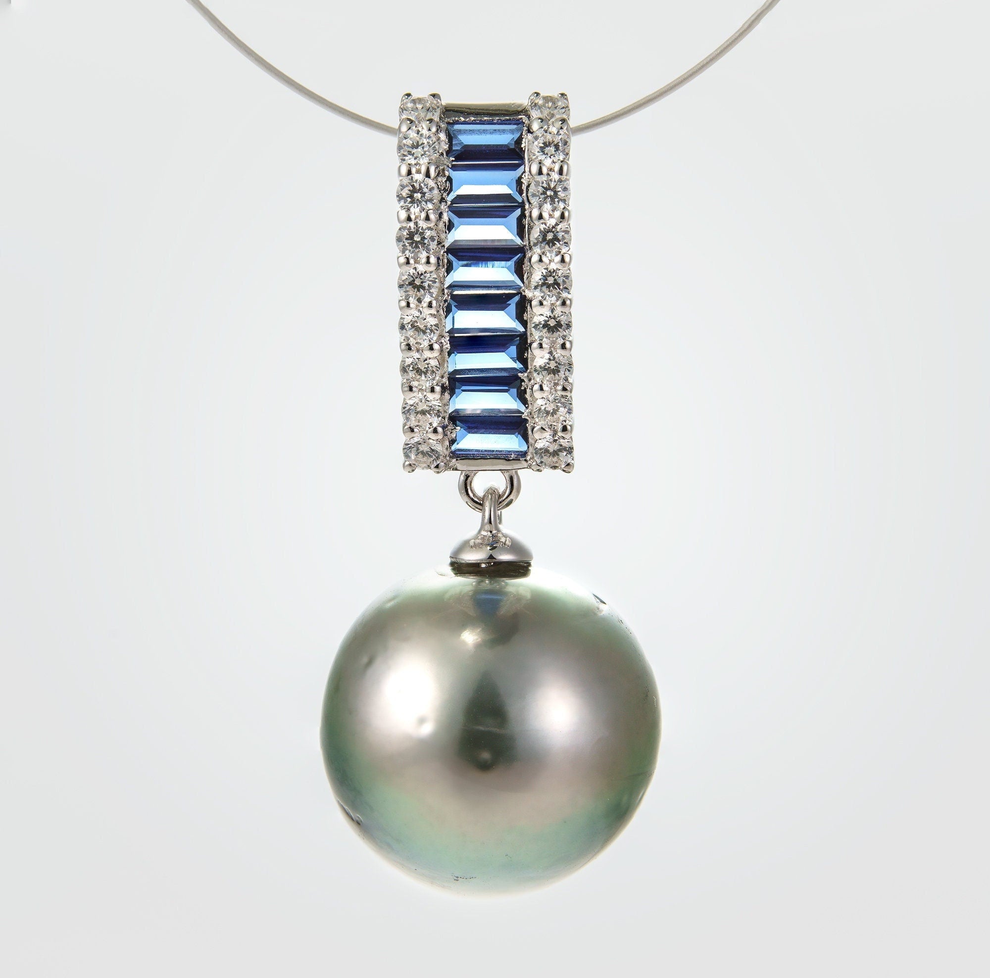 12mm tahitian pearl pendant, 925 sterling silver, rhodium finish, cubic zirconia