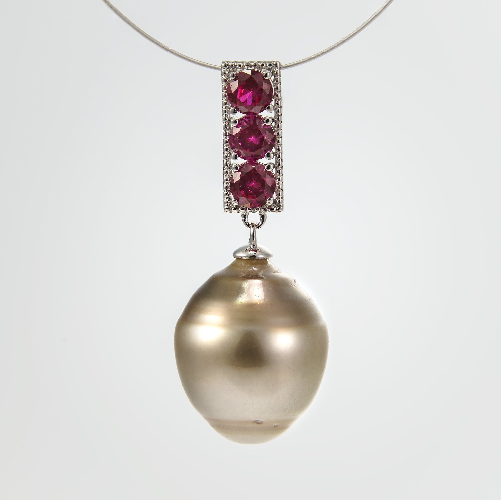 12mm tahitian pearl pendant, 925 sterling silver, rhodium finish, cubic zirconia