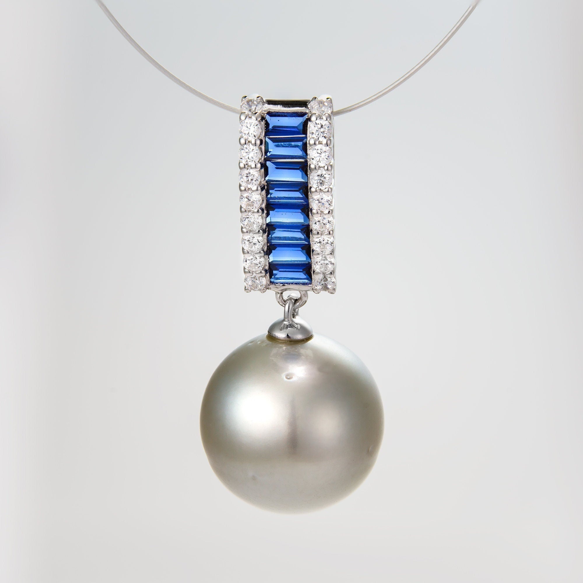 12mm tahitian pearl pendant, 925 sterling silver, rhodium finish, cubic zirconia