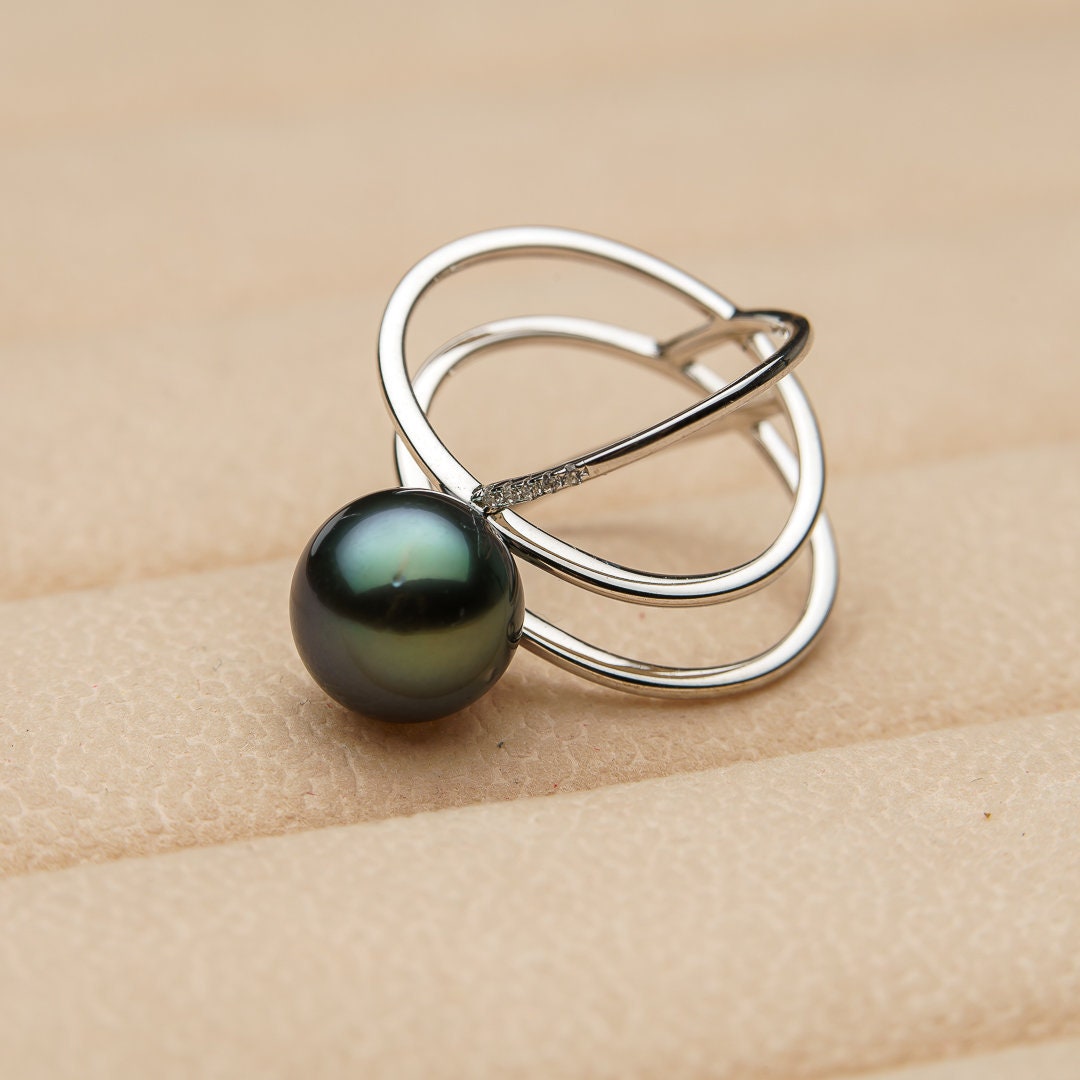 Tahitian pearl ring, 925 sterling silver with cubic zirconia