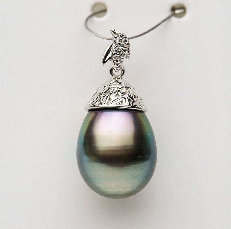 11mm tahitian pearl pendant, 925 sterling silver, rhodium finish, cubic zirconia