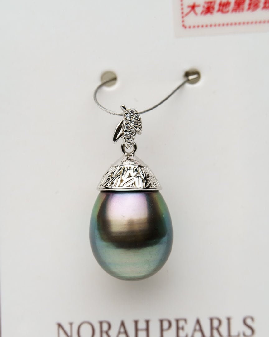 11mm tahitian pearl pendant, 925 sterling silver, rhodium finish, cubic zirconia