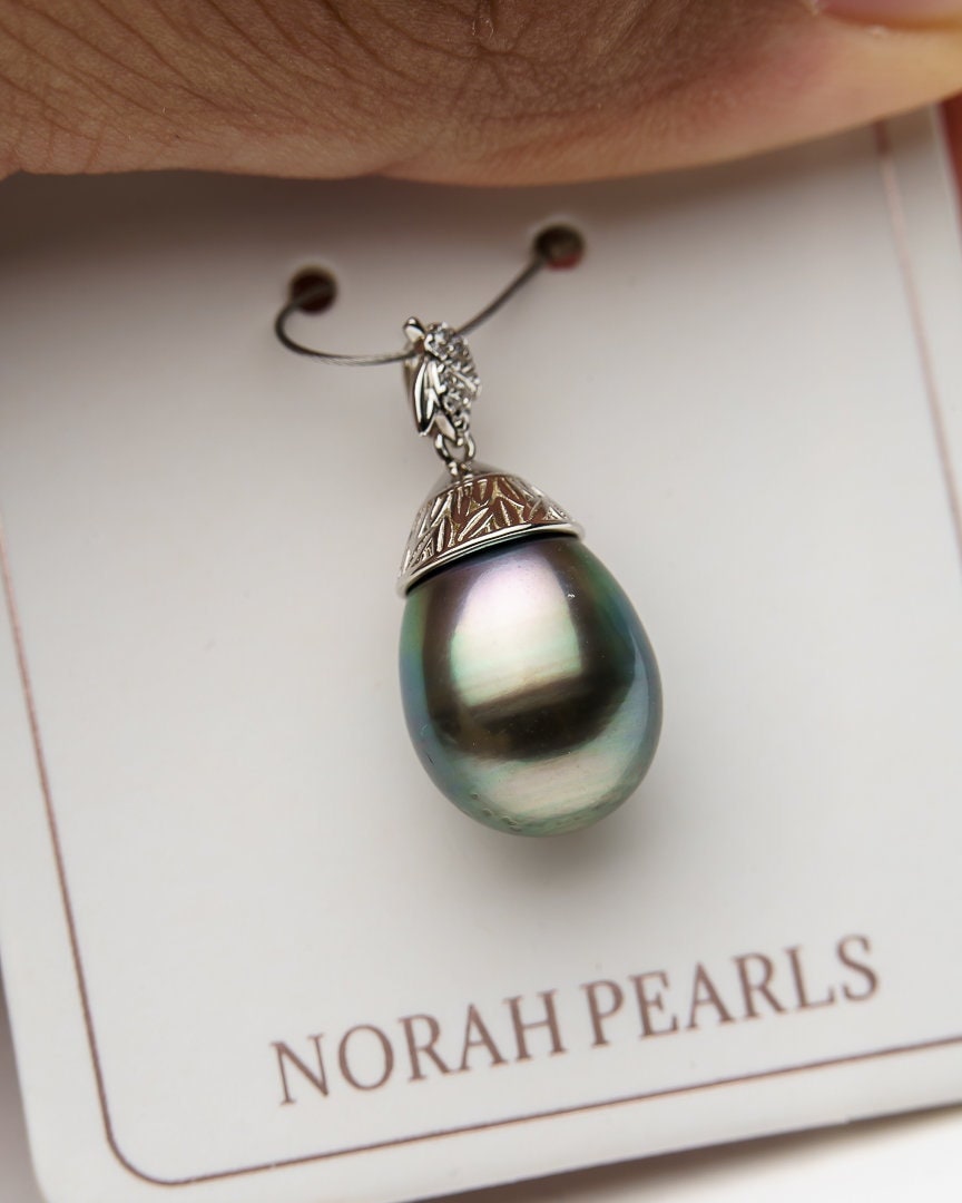 11mm tahitian pearl pendant, 925 sterling silver, rhodium finish, cubic zirconia