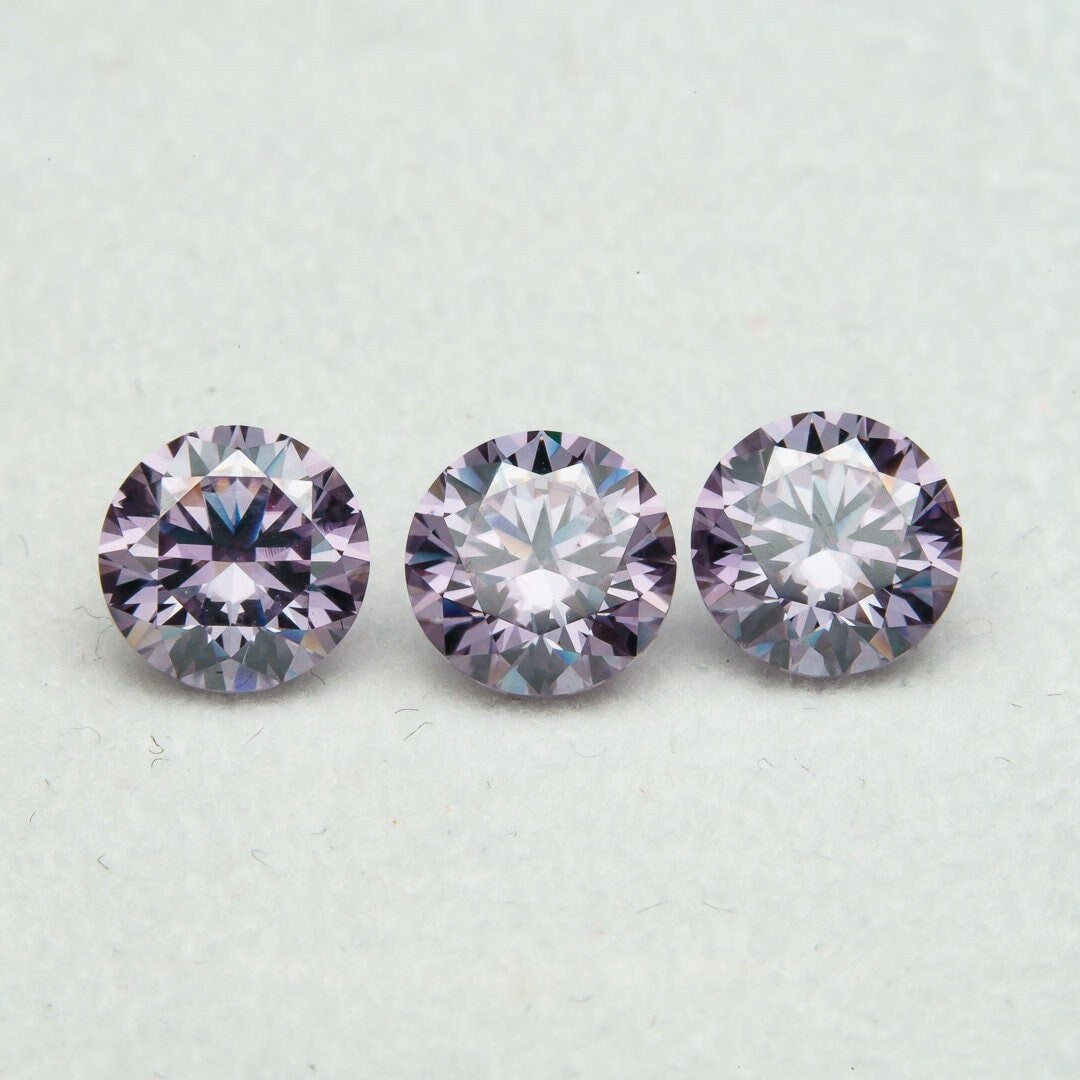 Set of 3 round brilliant cut purple moissanite gemstones, 6.5mm, 1ct each
