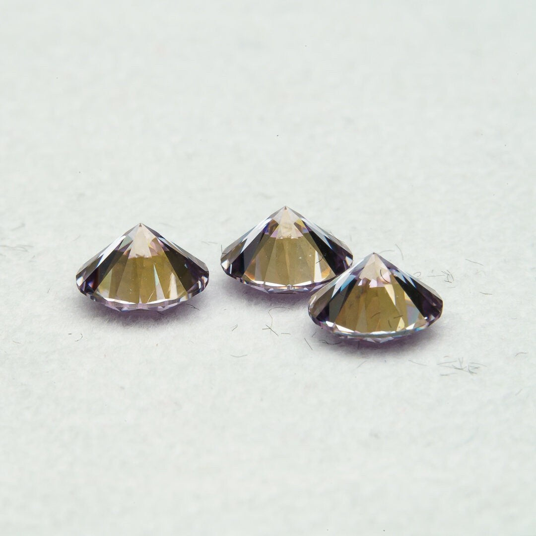 Set of 3 round brilliant cut purple moissanite gemstones, 6.5mm, 1ct each