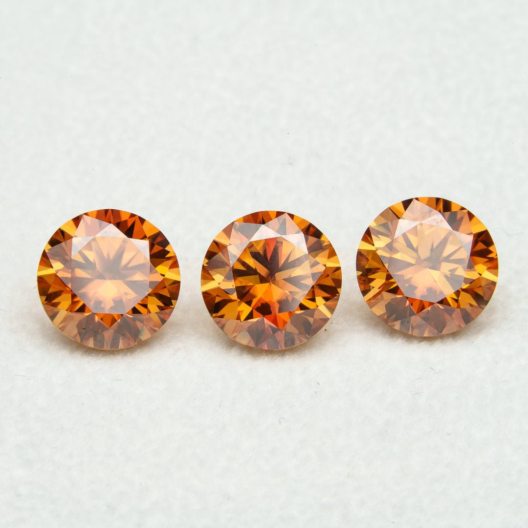 Set of 3 round brilliant cut vivid orange moissanite gemstones, 8mm, 2ct each