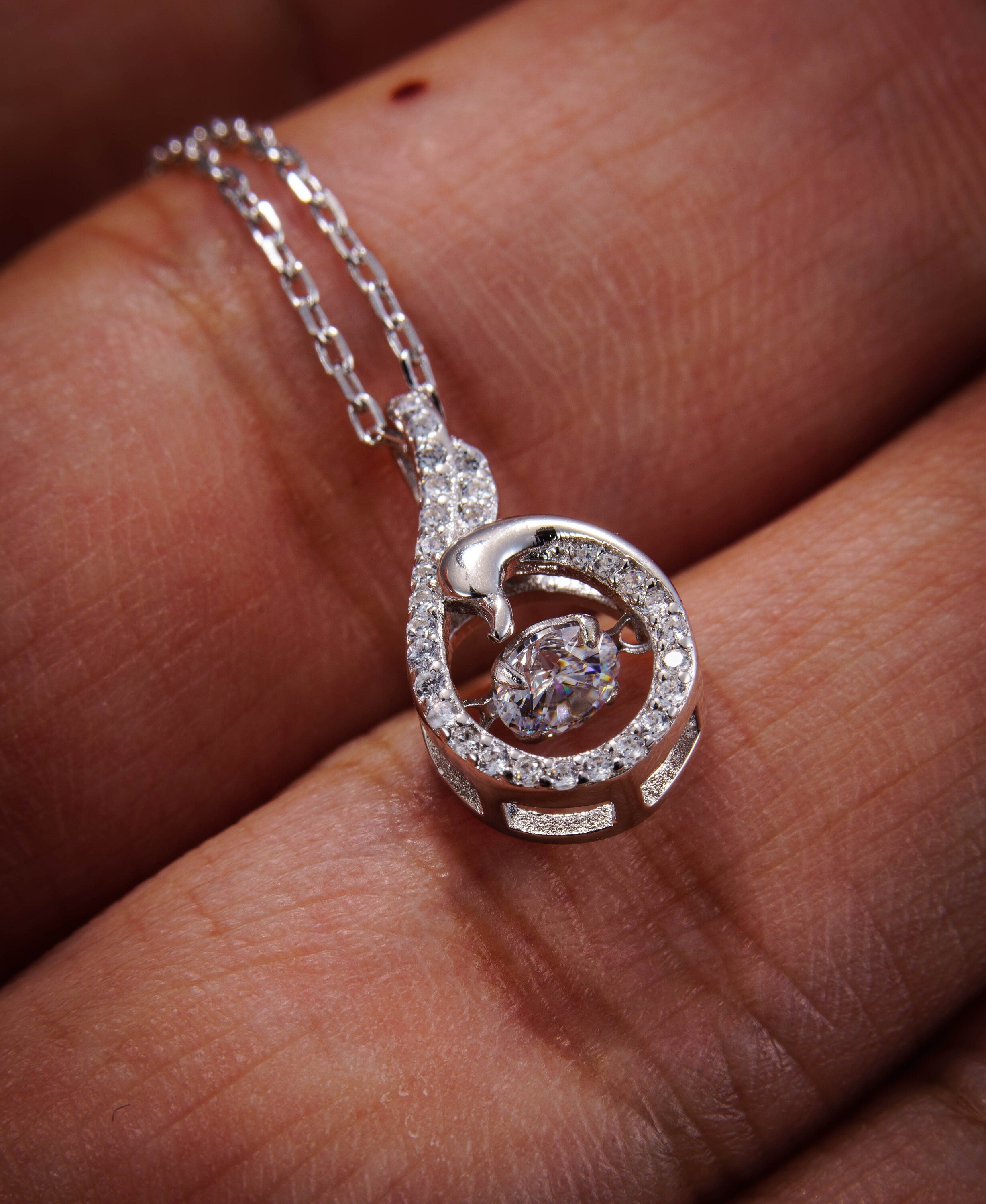 925 sterling silver pendant necklace, rhodium plating, cubic zirconia, minimalist, cute charm, tiny gift for women jewelry.