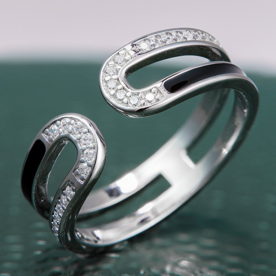925 sterling silver ring, Rhodium Plating, cubic zircon, freeform, adjustable, open ring jewelry.