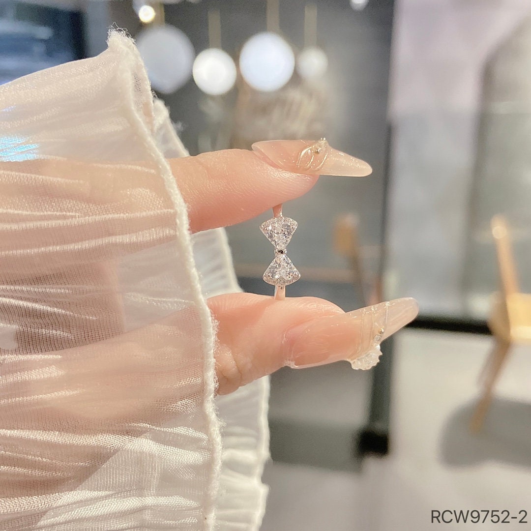925 sterling silver ring, Rhodium Plating, cubic zircon, freeform, adjustable, open ring jewelry.