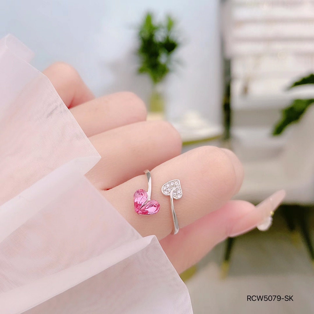 925 sterling silver ring, Rhodium Plating, Pink cubic zircon, freeform, adjustable, open ring jewelry, Heart.