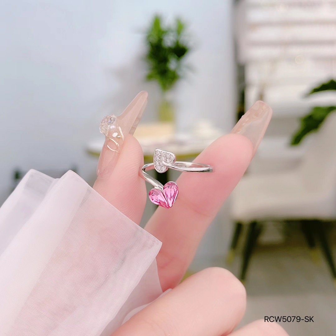 925 sterling silver ring, Rhodium Plating, Pink cubic zircon, freeform, adjustable, open ring jewelry, Heart.