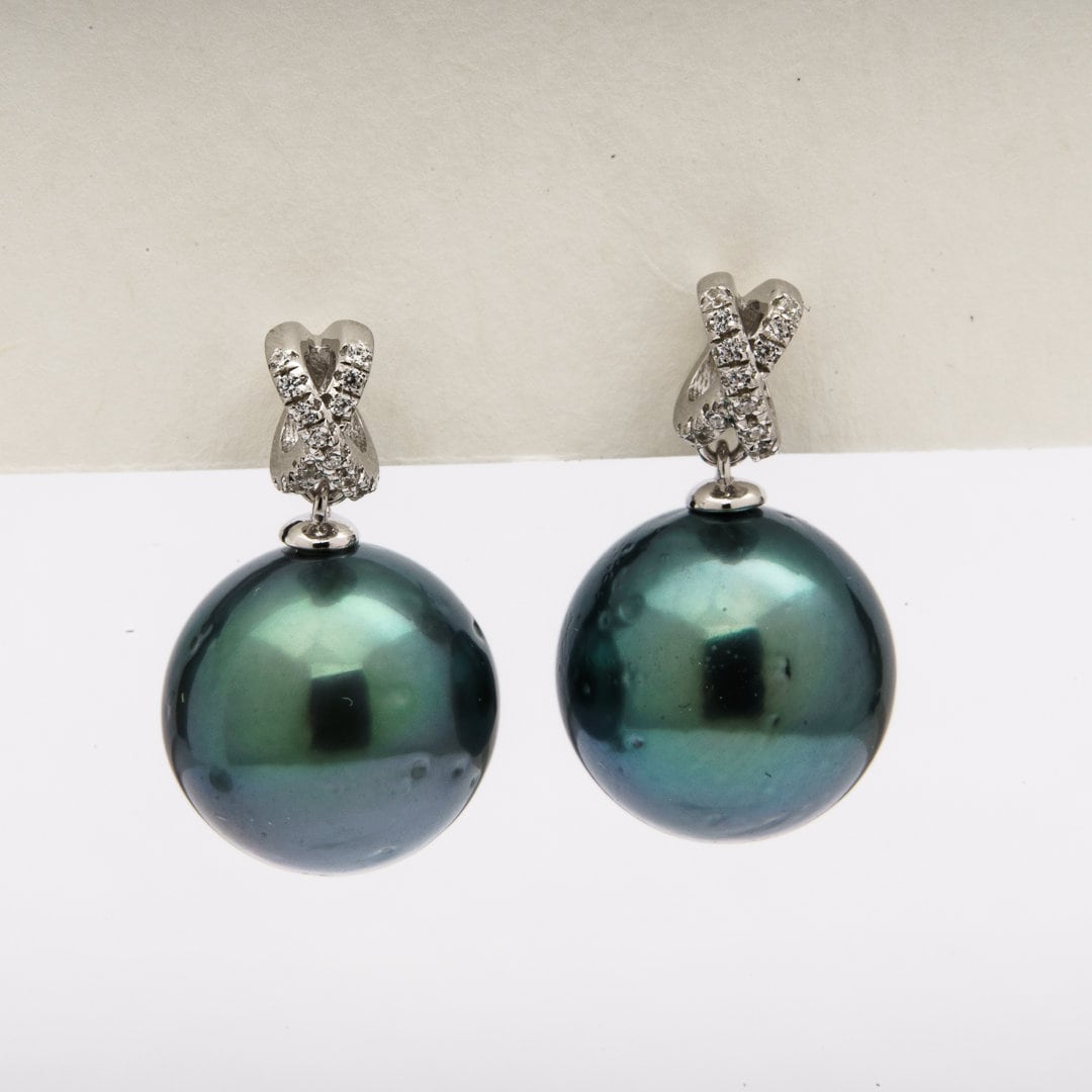 Tahitian pearl earrings 11mm, 925 sterling silver with rhodium finish and cubic zirconia