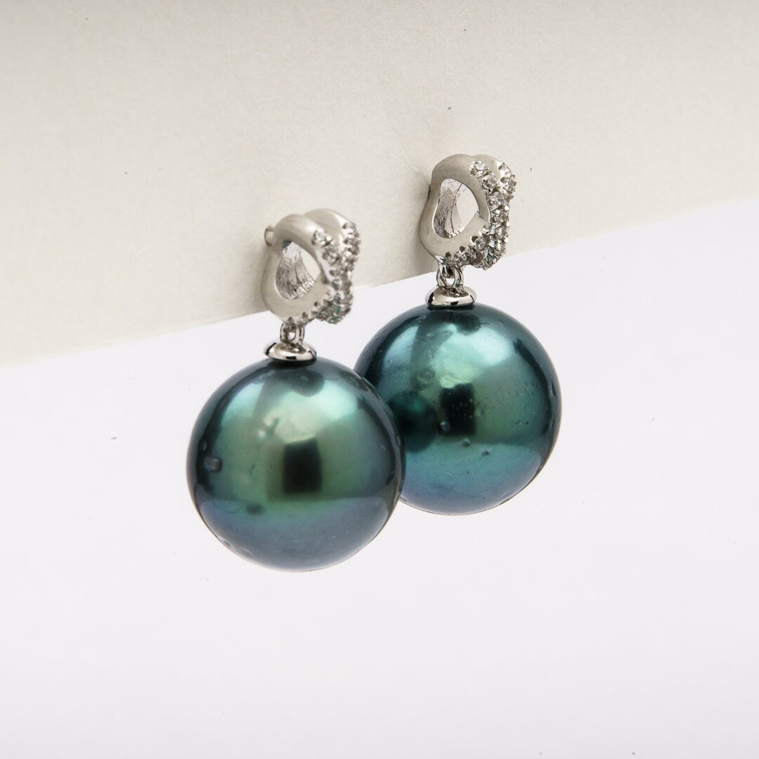 Tahitian pearl earrings 11mm, 925 sterling silver with rhodium finish and cubic zirconia