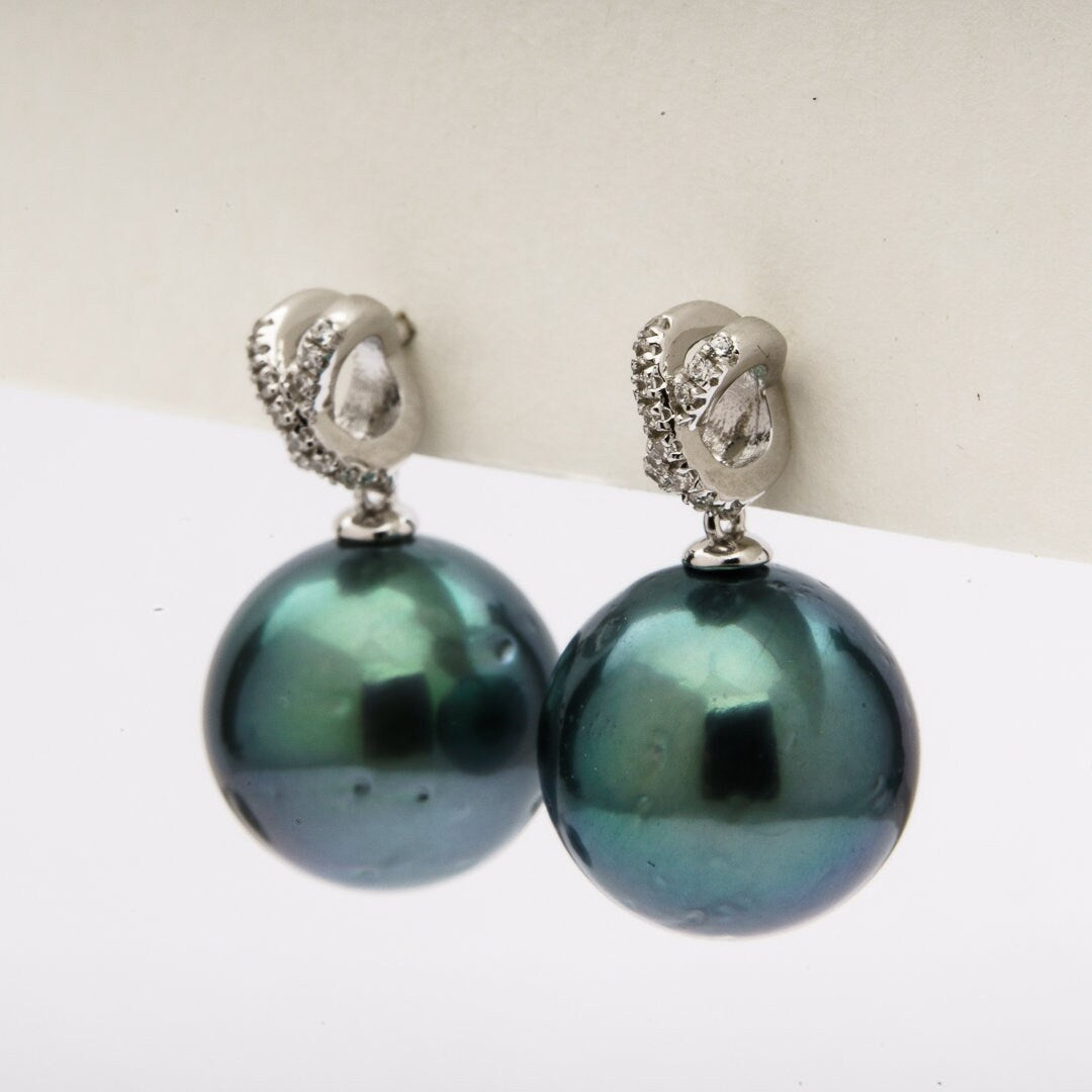 Tahitian pearl earrings 11mm, 925 sterling silver with rhodium finish and cubic zirconia