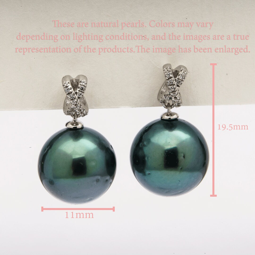 Tahitian pearl earrings 11mm, 925 sterling silver with rhodium finish and cubic zirconia