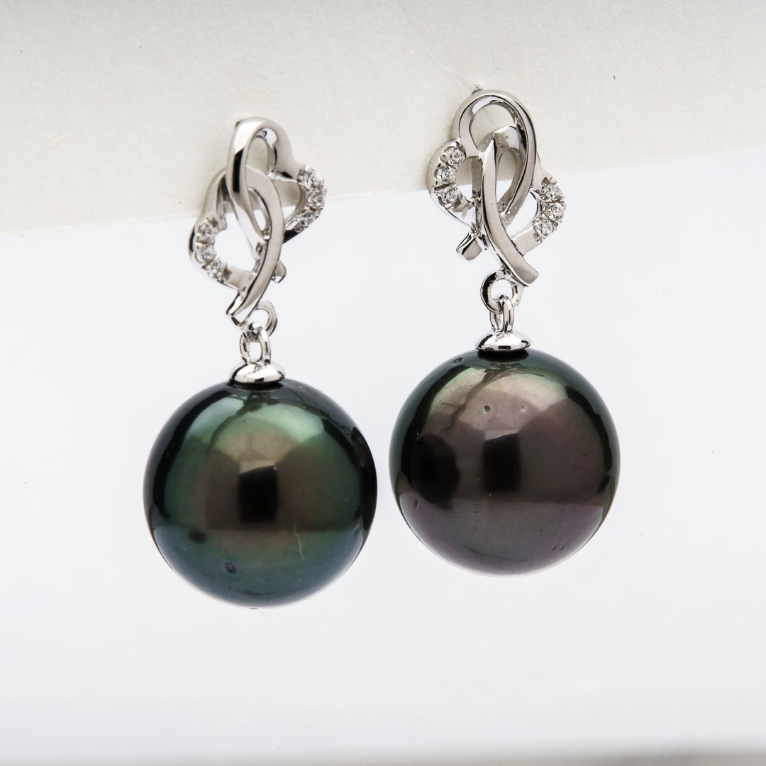 Tahitian pearl earrings 11mm, 925 sterling silver with rhodium finish and cubic zirconia