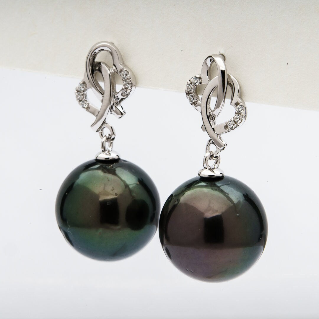 Tahitian pearl earrings 11mm, 925 sterling silver with rhodium finish and cubic zirconia