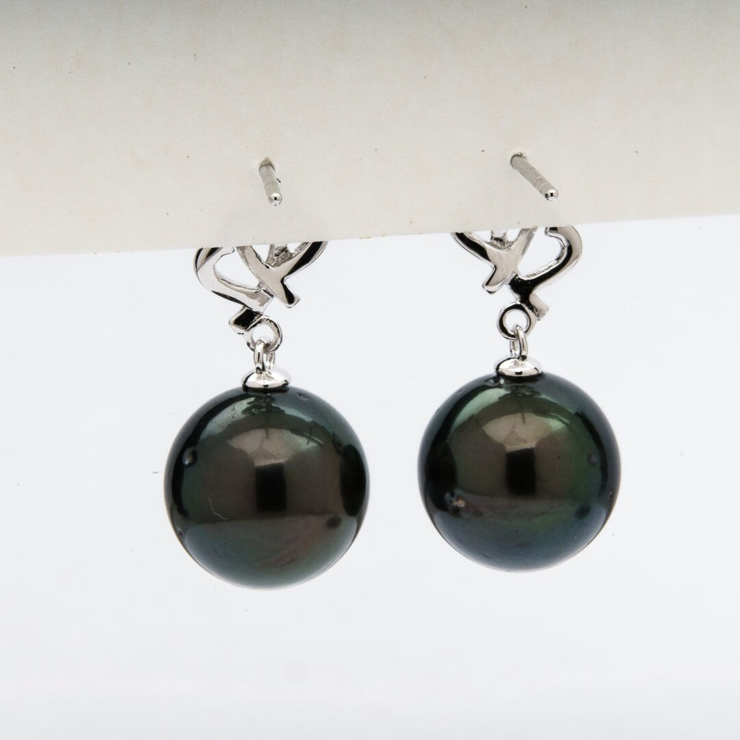 Tahitian pearl earrings 11mm, 925 sterling silver with rhodium finish and cubic zirconia