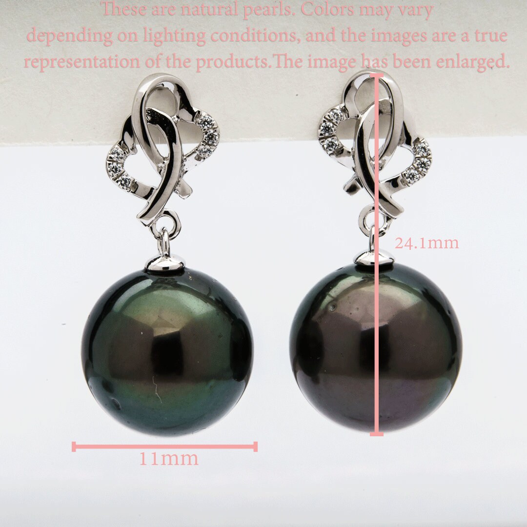 Tahitian pearl earrings 11mm, 925 sterling silver with rhodium finish and cubic zirconia