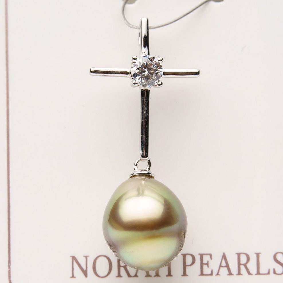 10mm tahitian pearl pendant, 925 sterling silver, rhodium finish, cubic zirconia