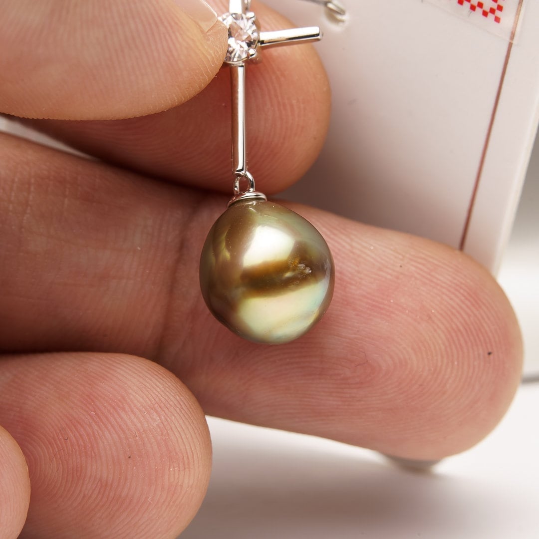 10mm tahitian pearl pendant, 925 sterling silver, rhodium finish, cubic zirconia