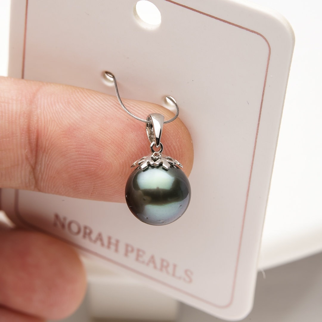 10mm tahitian pearl pendant, 925 sterling silver, rhodium finish, cubic zirconia