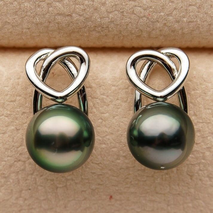 Tahitian pearl earrings 8mm, 925 sterling silver with rhodium finish and cubic zirconia