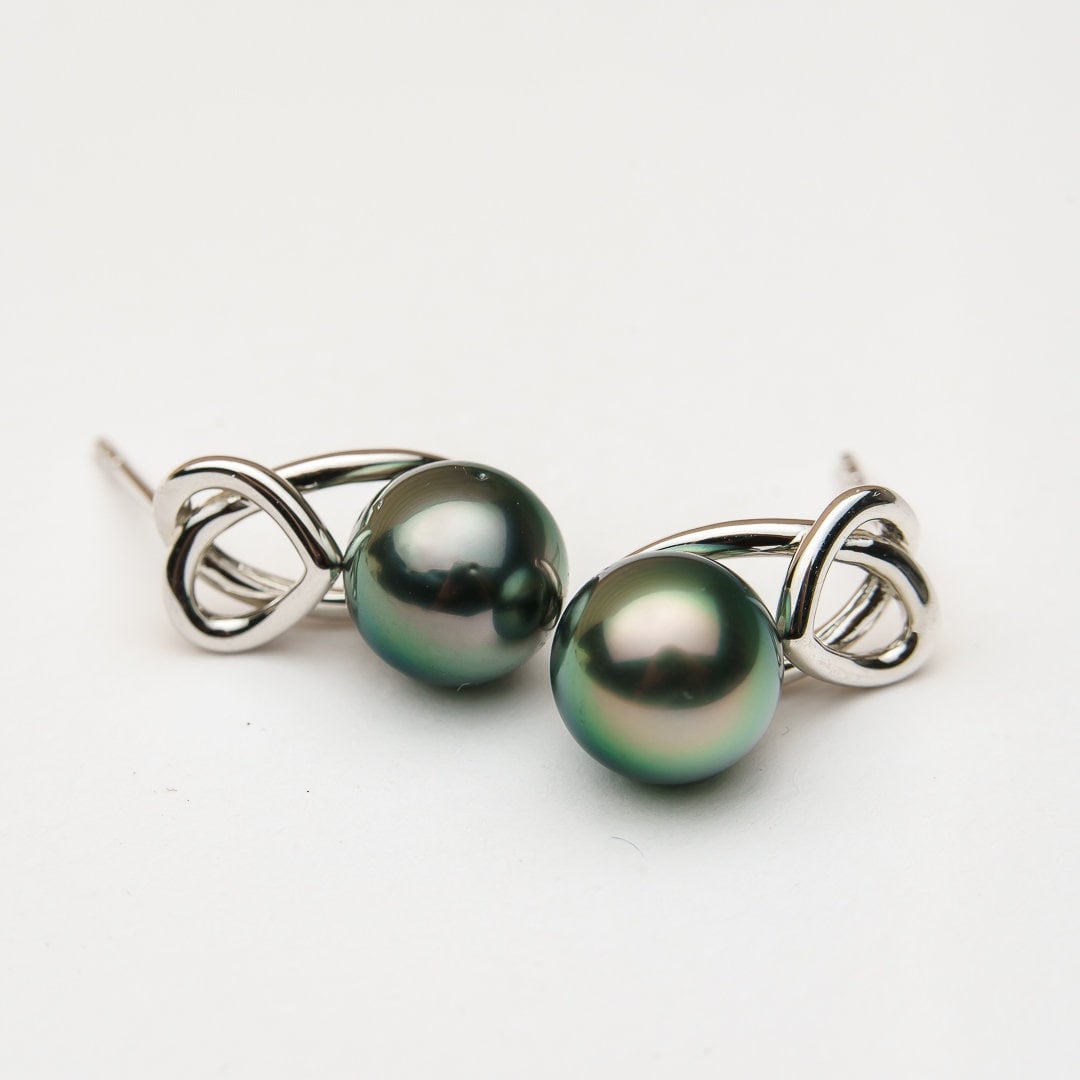 Tahitian pearl earrings 8mm, 925 sterling silver with rhodium finish and cubic zirconia