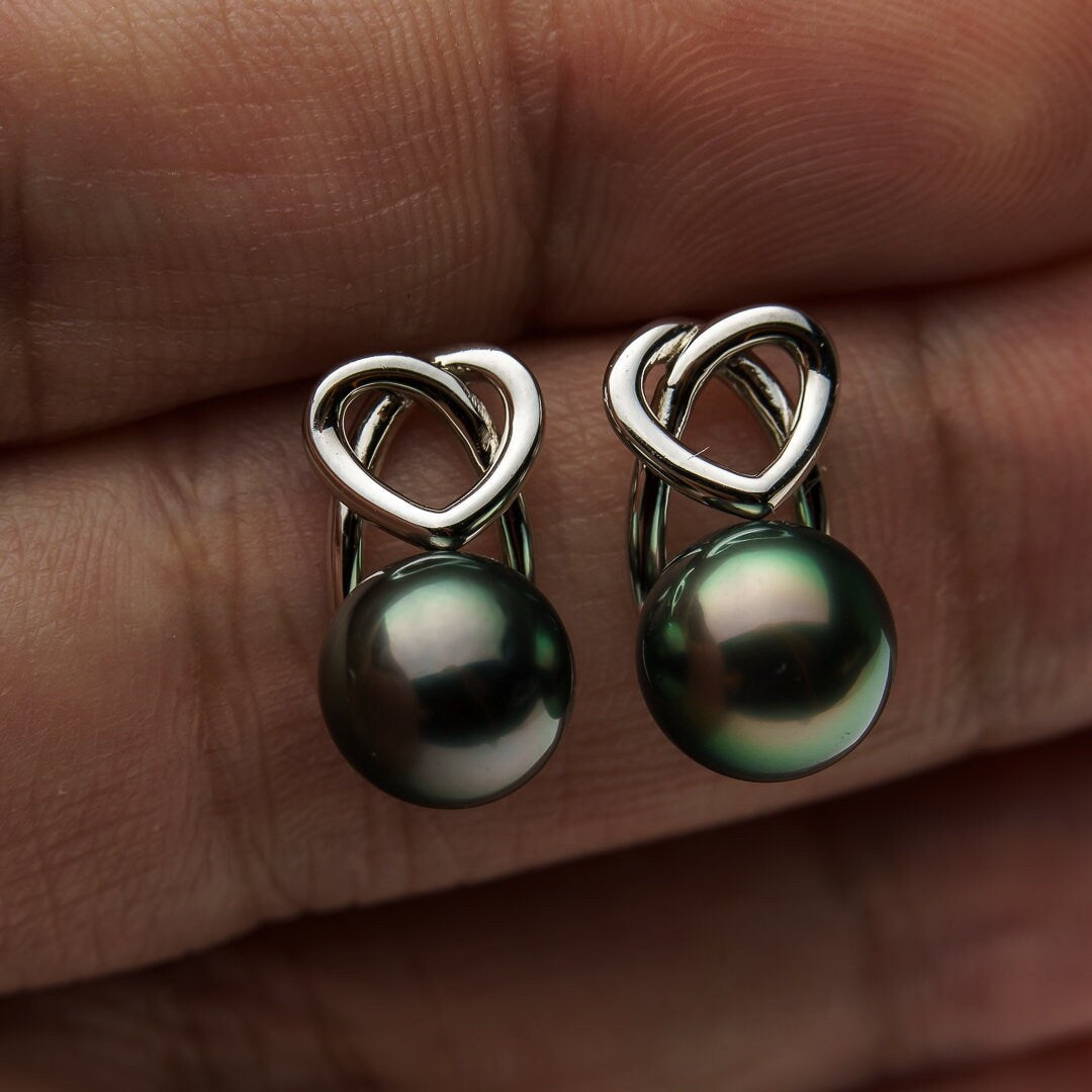 Tahitian pearl earrings 8mm, 925 sterling silver with rhodium finish and cubic zirconia
