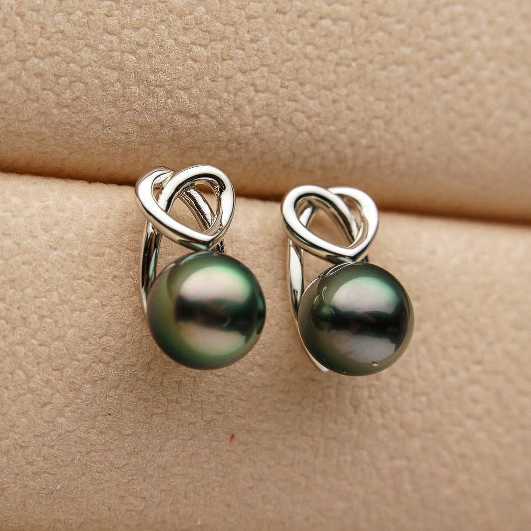 Tahitian pearl earrings 8mm, 925 sterling silver with rhodium finish and cubic zirconia